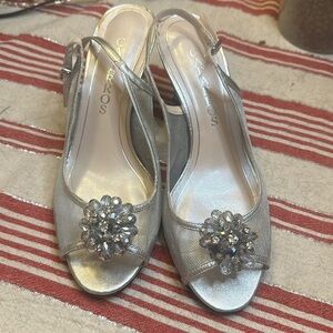 Silver Mesh and Leather Bridal Shoes with Rhinestone Flower at Toe